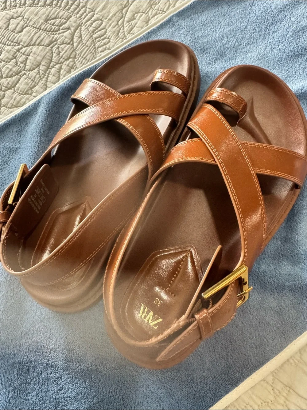 Zara Brown Crisscross Leather Women’s Sandals with Gold Buckle - Picture 3 of 5